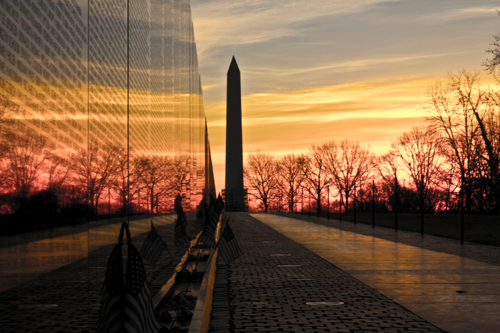 Washington Monument and Vietnam Memorial Wall at Sunrise